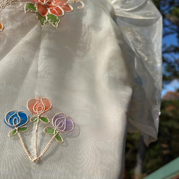 Vintage 70s Sheer Organza Peaked Puff Sleeve "Stained Glass" Boxy Cropped Blouse - Picture 8 of 8